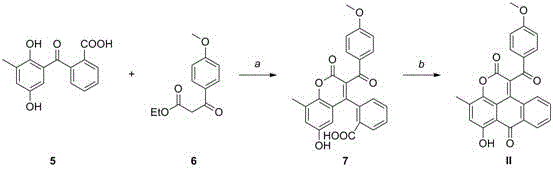 Synthesis route of Compound II demonstrating the versatility of the 9-anthrone lactone framework construction
