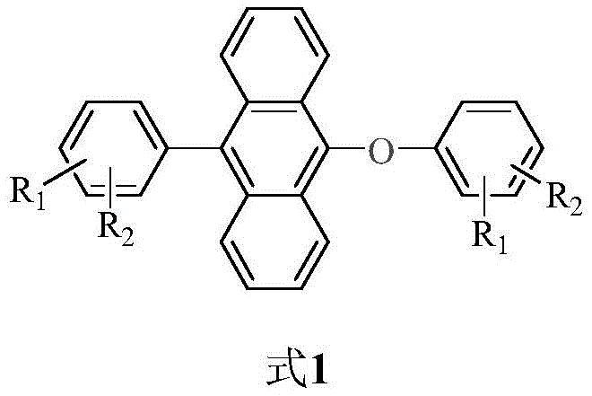 General chemical structure of 9-aryl-10-aryloxyanthracene derivatives showing variable substituents R1 and R2