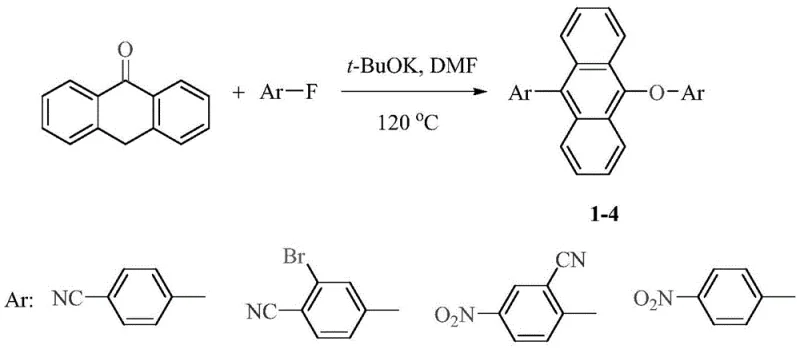 Synthesis scheme of compounds 1-4 showing one-step reaction conditions and yields
