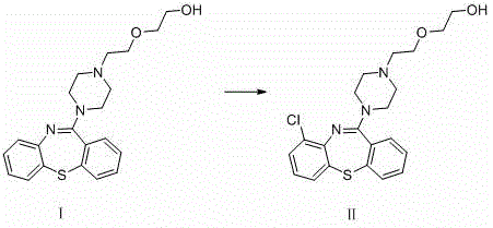 Chemical reaction scheme showing the conversion of Quetiapine (Compound I) to 9-Chloroquetiapine (Compound II) via chlorination