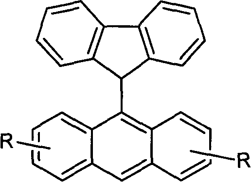 General structural formula of 9-fluorene-anthracene compounds showing variable R groups for solubility enhancement
