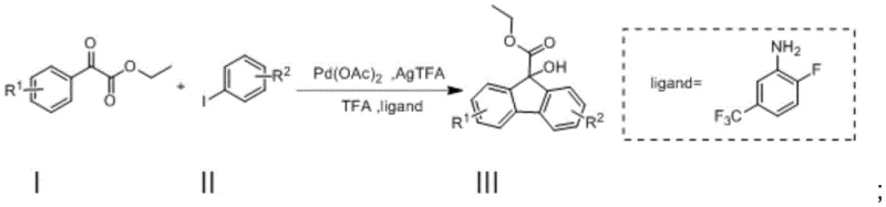 General reaction scheme showing Pd-catalyzed cyclization of benzoylformate and iodobenzene to form 9-hydroxyfluorene-9-carboxylate