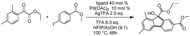 Specific example reaction showing synthesis of 9-ethyl-2-methyl-9-hydroxy-6,8-dimethyl-9H-fluorene-2,9-dicarboxylate with 85% yield