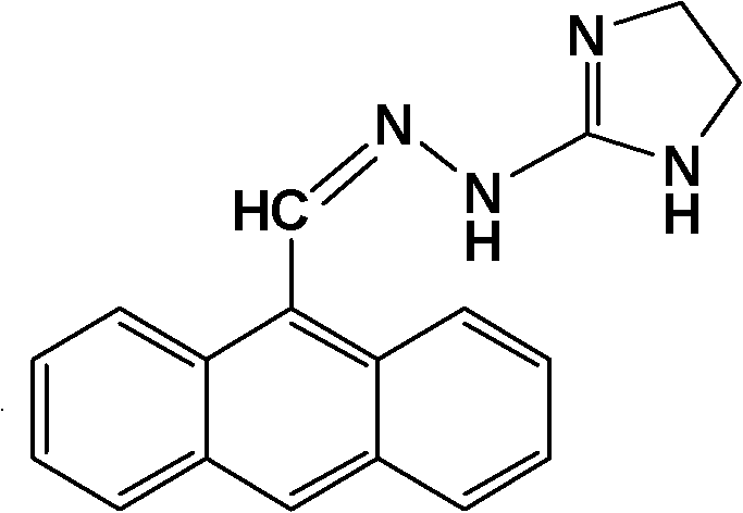 Chemical structure of 9-Anthracenecarboxaldehyde-4,5-dihydro-1H-imidazol-2-yl-hydrazone (9-IHA) showing the anthracene backbone and imidazoline chelating group