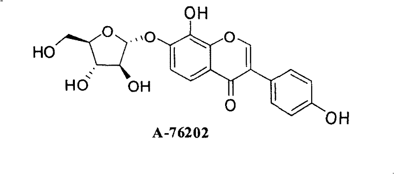 Chemical structure of A-76202 showing the core chromone and arabinofuranoside moieties