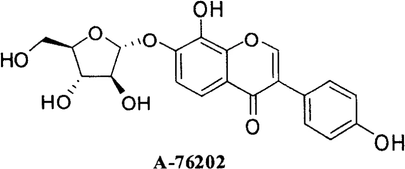 Chemical structure of Compound A-76202 showing the core chromone and arabinofuranoside moiety