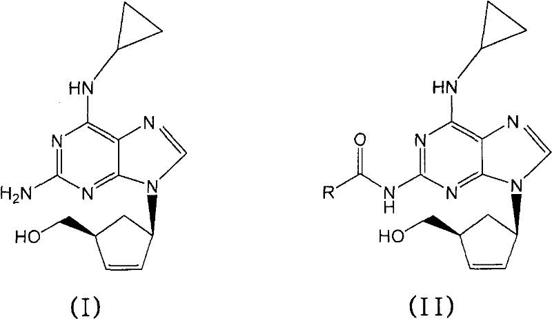 Reaction scheme showing the conversion of N-acylated intermediate Formula II to Abacavir Formula I using inorganic base
