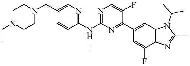 Chemical structure of Abemaciclib (Formula I) showing the core pyrimidine and benzimidazole framework