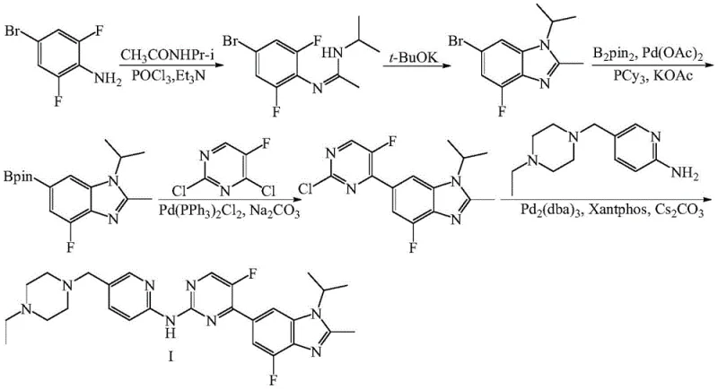 Prior art synthesis route using Palladium catalysts and hazardous reagents