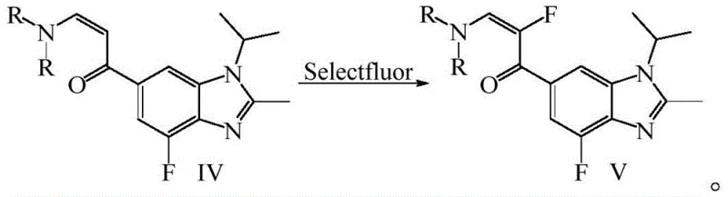 Selective fluorination of enamine IV to fluorinated intermediate V using Selectfluor