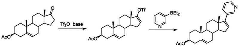 Prior art synthesis route using triflate coupling and borane reagents
