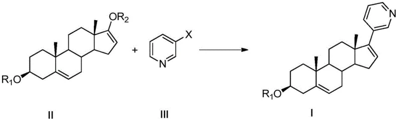 General reaction scheme showing coupling of protected androstane derivative with halopyridine to form abiraterone derivative