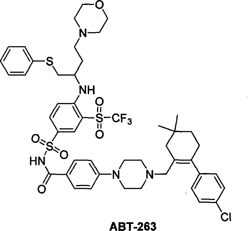 Chemical structure of ABT-263 showing the complex arrangement of sulfonamide, piperazine, and cyclohexene fragments