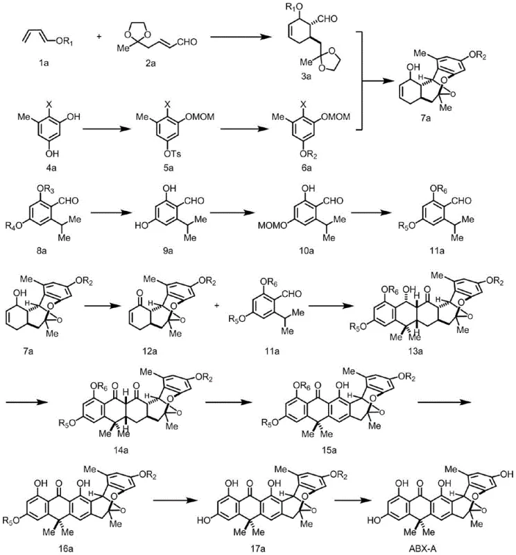 General synthesis route for ABX-A illustrating the Diels-Alder cascade