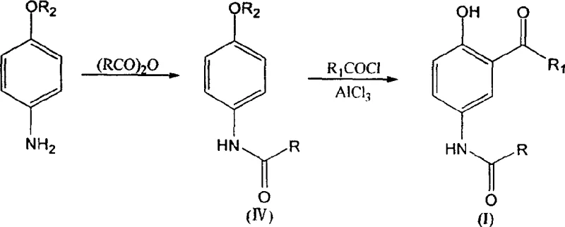 Reaction scheme showing the conversion of p-aminophenyl alkyl ether to 2-alkanoyl-4-alkanoylaminophenol via amidation and acylation-demethylation
