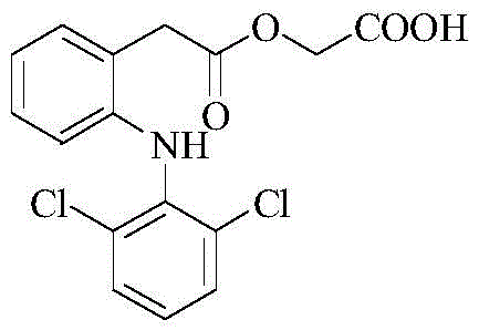 Chemical structure of Aceclofenac showing the 2-((2,6-dichlorophenyl)amino)phenylacetoxyacetic acid backbone