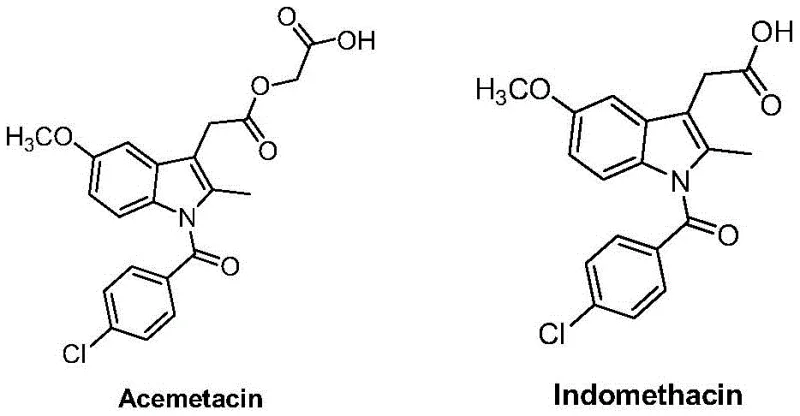 Chemical structures comparing Acemetacin and Indomethacin showing the prodrug relationship
