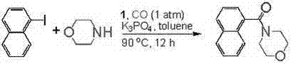 Aminocarbonylation reaction scheme using Catalyst 1 to produce amide derivatives