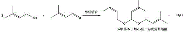 Reaction equation showing aldol condensation of isoamylene alcohol and aldehyde to form the acetal