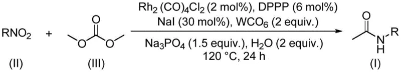 General reaction scheme showing the conversion of nitro compounds to acetamides using dimethyl carbonate and rhodium catalysis