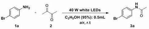 Specific reaction scheme showing the conversion of 4-bromoaniline to acetamide using 40W white LEDs and 2,3-butanedione in ethanol