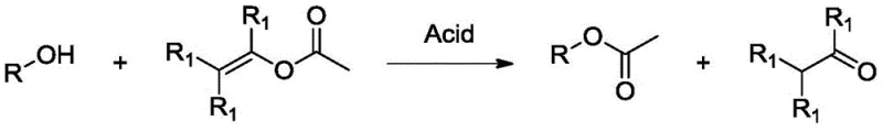 General reaction scheme showing alcohol esterification with enol acetate to form acetate ester and ketone/aldehyde byproduct