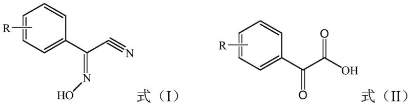 General reaction scheme showing the hydrolysis of benzyl acetonitrile oxime (Formula I) to acetophenone acid (Formula II) catalyzed by inorganic acid