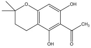 Chemical structure of 5,7-dihydroxy-2,2-dimethyl-6-acetyl-chroman showing the A-ring fused pyran core