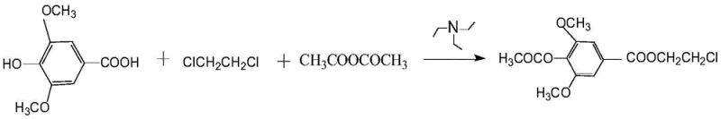 Reaction equation showing Syringic Acid reacting with 1,2-dichloroethane and acetic anhydride to form the final ester product