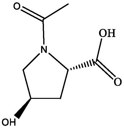 Chemical structure of N-acetyl-L-4-hydroxyproline showing the acetyl group attached to the nitrogen atom of the pyrrolidine ring