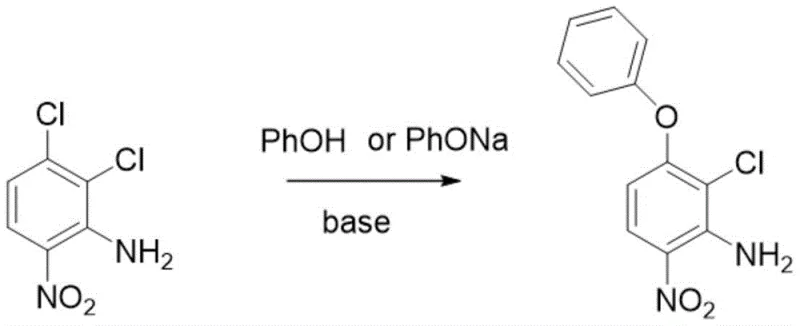 Reaction scheme showing one-step synthesis of acifluorfen from 2,3-dichloro-6-nitroaniline and phenol using base and catalyst