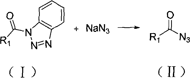 General reaction scheme showing the conversion of acyl benzotriazole (I) to acyl azide (II) using sodium azide and a Lewis acid catalyst