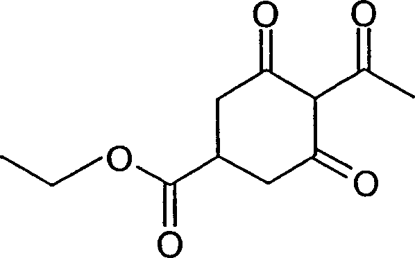 Chemical structure of Ethyl 2-acetyl-1,3-cyclohexanedione-5-carboxylate produced via the patented rearrangement process