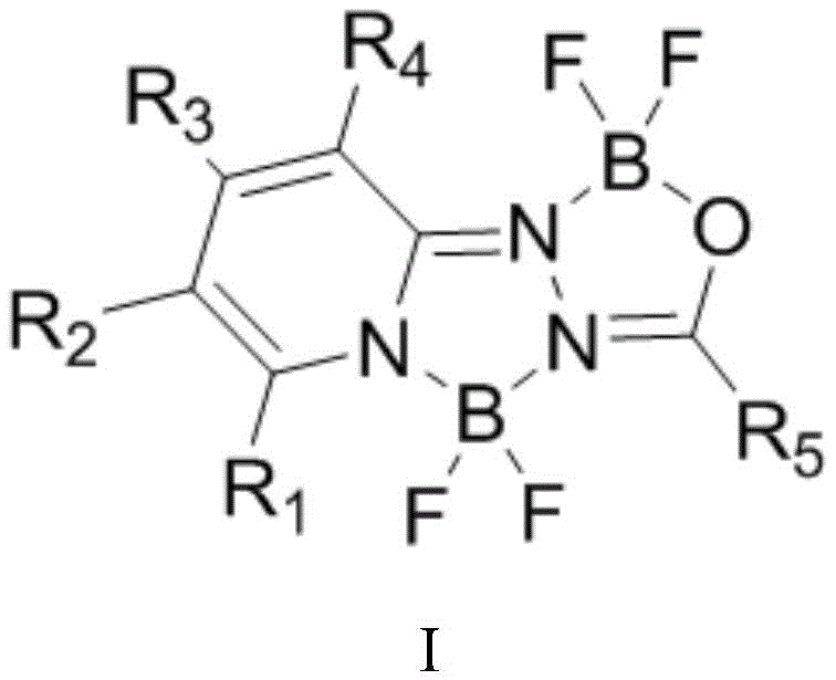 General chemical structure of acylpyridinehydrazine difluoroboron fluorescent dye showing variable substituents