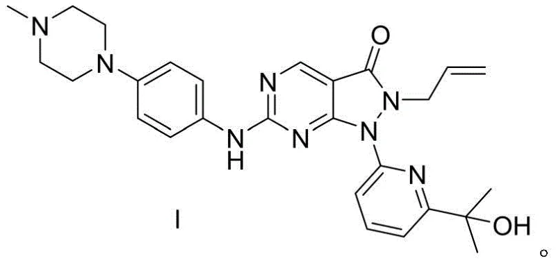 Chemical structure of Adavosertib (Formula I) showing the pyrazolopyrimidine core and piperazine side chain