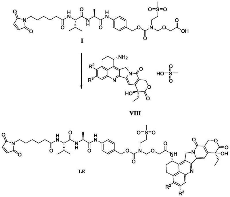 Final amide condensation reaction between Formula I and Exatecan mesylate to form Compound LE