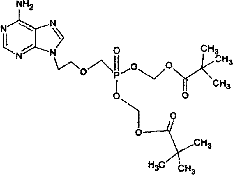 Chemical structure of Adefovir Dipivoxil showing the bis(pivaloyloxymethyl) ester groups attached to the phosphonate backbone