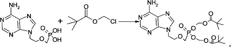 Reaction scheme showing Adefovir reacting with chloromethyl pivalate in the presence of a protective agent and triethylamine to form Adefovir Dipivoxil