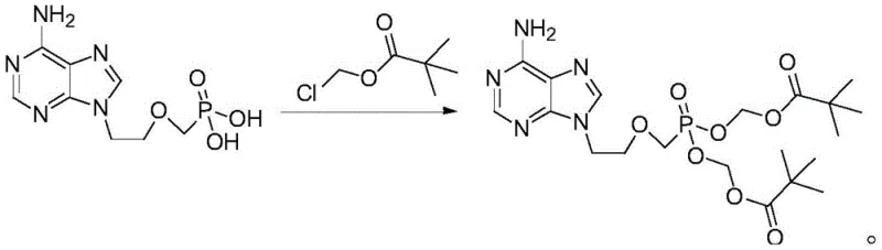 Chemical reaction equation showing the synthesis of Adefovir Dipivoxil from Adefovir and Chloromethyl Pivalate