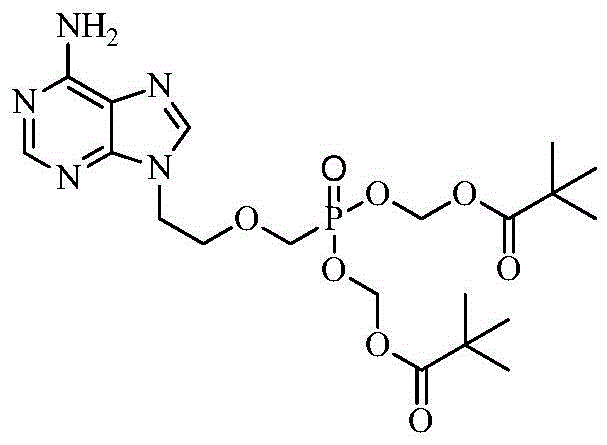 Chemical structure of Adefovir Dipivoxil showing the bis(pivaloyloxymethyl) phosphonate prodrug moiety attached to the adenine base