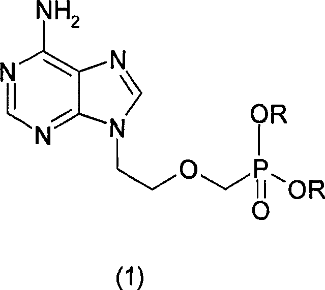 Chemical structure of Adefovir and its prodrug derivatives showing the phosphonate side chain