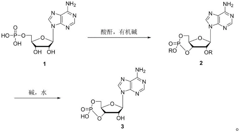 General reaction scheme for synthesizing adenosine cyclophosphate via acylation and hydrolysis