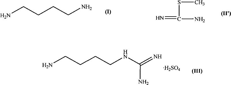 Chemical structures comparing the conventional S-methylisothiourea reagent (II') with the target product Agmatine Sulfate (III)
