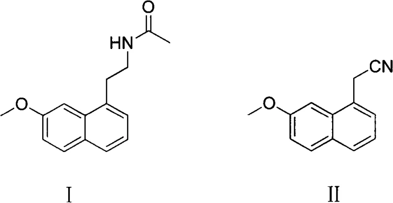 Chemical structures showing the conversion of (7-methoxy-1-naphthyl) acetonitrile (II) to Agomelatine (I)