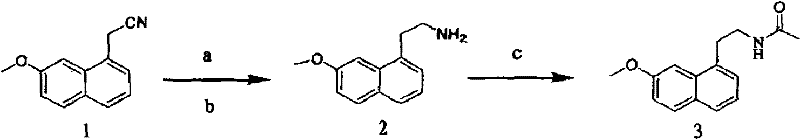 Reaction scheme showing the conversion of nitrile to amine and then to Agomelatine