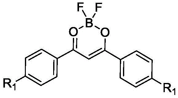 General chemical structure of the AIE fluoroboron compound showing the central boron fluoride ring and variable R1 substituents