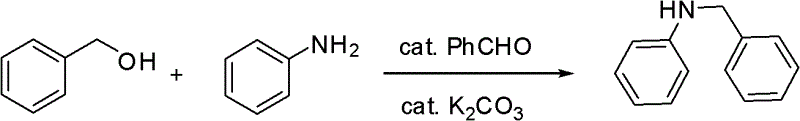 Synthesis of N-benzylaniline from benzyl alcohol and aniline using cesium hydroxide and benzaldehyde catalyst