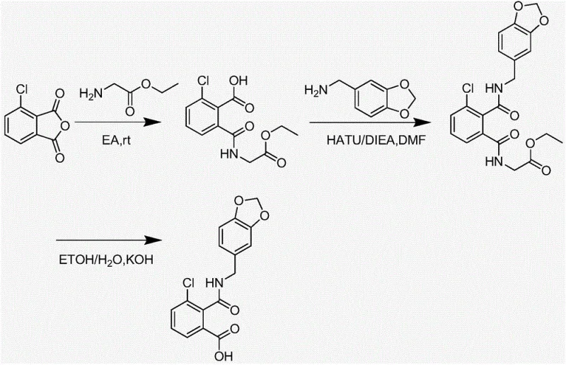 Multi-step synthesis route for 2-((benzo[d][1,3]dioxol-5-ylmethyl)carbamoyl)-3-chlorobenzoic acid