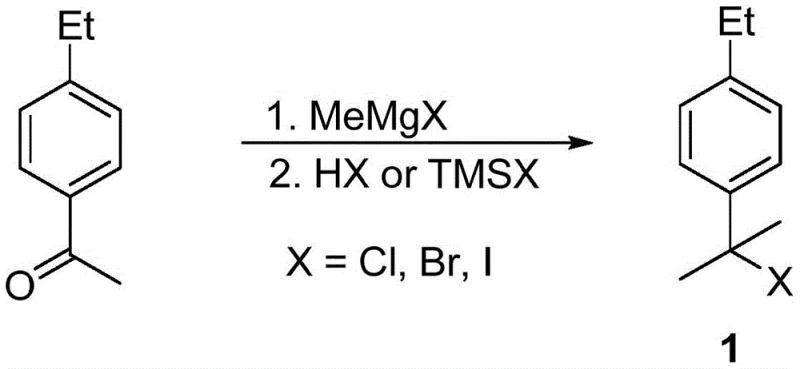 Step 1 reaction scheme showing Grignard addition to ketone and subsequent halogenation