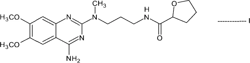 Chemical structure of Alfuzosin (Formula I) showing the quinazoline core and tetrahydrofuran side chain